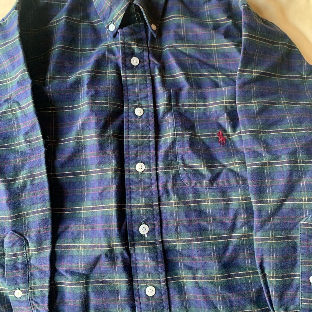 Boys 8 10 Ralph Lauren Navy Green Plaid Shirt yellow accents burgundy horse